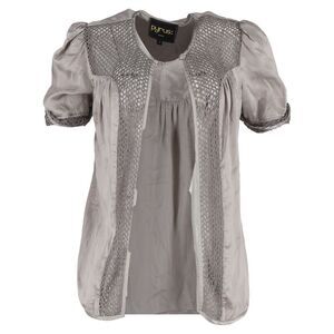 Pyrus Crochet-Accent Short Sleeve Cardigan in Grey Silk and Cotton